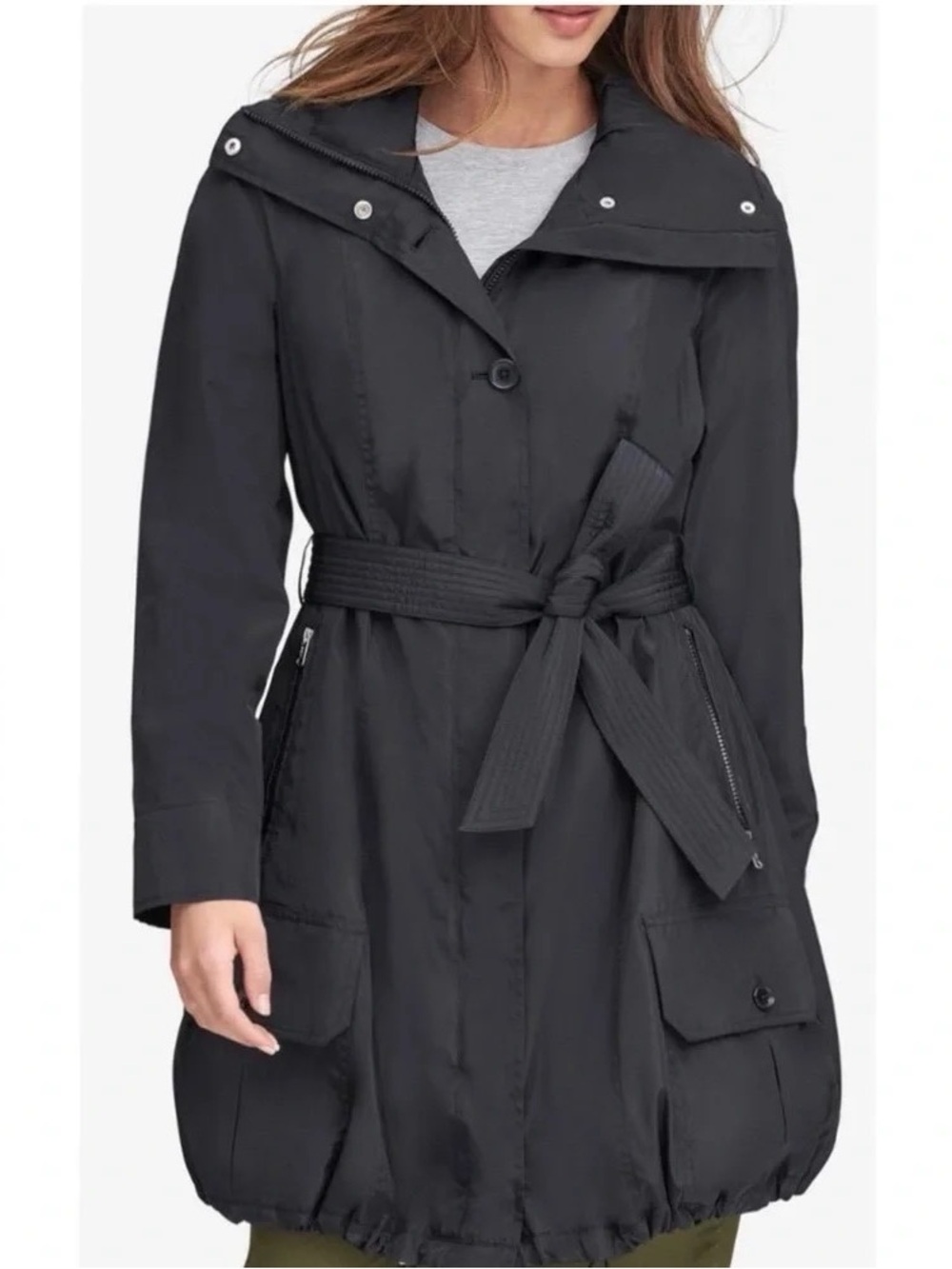 Andrew Marc New York Navarre Black Hooded Belted Rain Trench Coat Jacket Medium